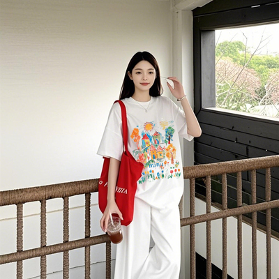 夏季新款卡通印花宽松纯棉短袖T恤女小众设计感百搭潮牌半袖ins风