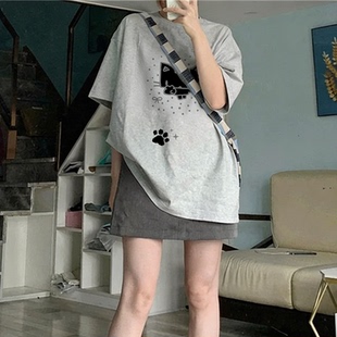 夏季新款小猫印花宽松短袖T恤女休闲百搭高级感小众上衣半袖韩版