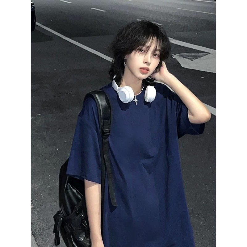 美式潮流夏季新款宽松藏蓝色短袖T恤女显瘦半袖纯色上衣小众ins风