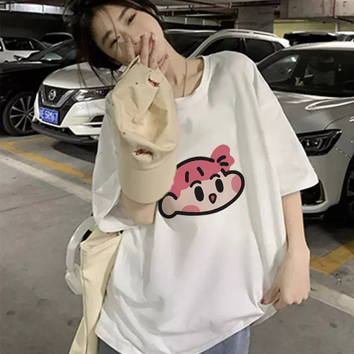 夏季新款多巴胺卡通印花宽松纯棉短袖T恤女百搭慵懒风半袖小众ins
