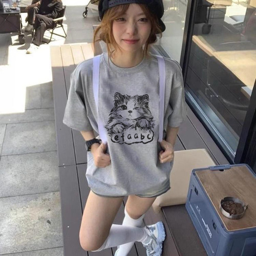 美式潮流夏季新款猫咪印花宽松纯棉短袖T恤男女同款半袖百搭小众