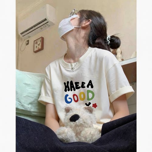 夏季新款美式复古宽松纯棉短袖T恤女显瘦百搭多巴胺半袖上衣小众