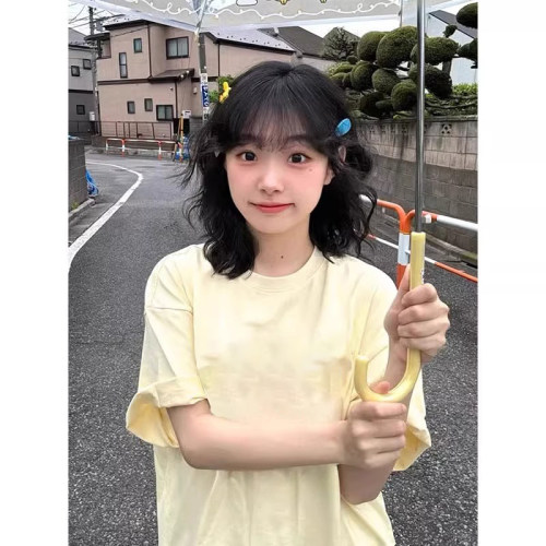 夏季新款宽松杏色纯棉短袖T恤女百搭小众纯色上衣服显瘦半袖显白