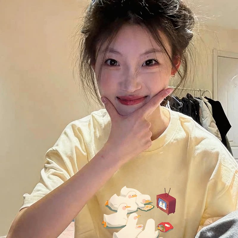 夏季新款鸭子印花宽松短袖T恤女休闲百搭设计感纯棉半袖上衣ins风