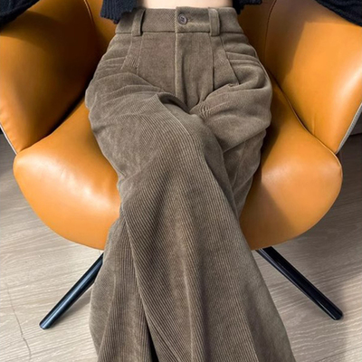 班奈悦雪尼尔阔腿裤女秋冬款直筒加绒灯芯绒裤子休闲西装梧桐裤