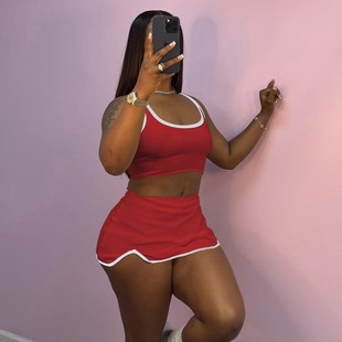 Black navel solid color short skirt set露脐纯色性感短裙套装