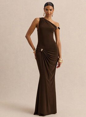 Slanted shoulder metal decorative buckle dress斜肩金连衣裙女