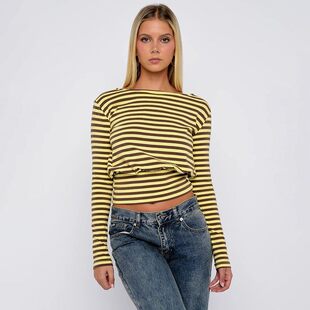 Striped sexy long sleeved waist cinching top条纹长袖收腰上衣