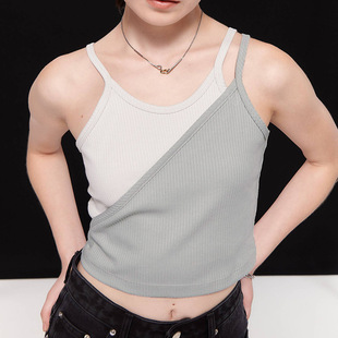 top Contrast patchwork vest 撞色背心露背拼接上衣女 backless