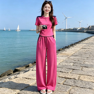 套装女装休闲时尚运动休闲套装短袖上衣高腰阔腿长裤两件套夏季