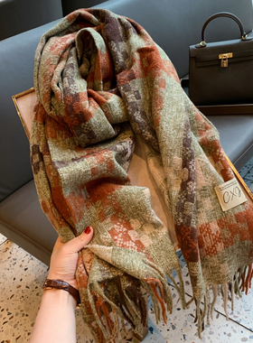 法国BGCG高端羊绒围巾冬季百搭保暖围脖拼色编织格子流苏双面披肩