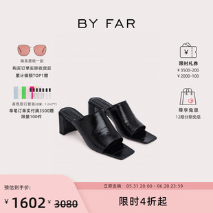 凉拖 Katya鳄鱼纹压花牛皮革方头粗跟高跟凉鞋 FAR