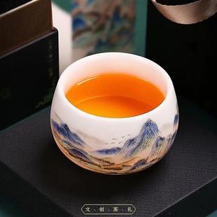冰种茶杯主人杯纯手工贴花千里江山图功夫茶具陶瓷品茗 器语纯良