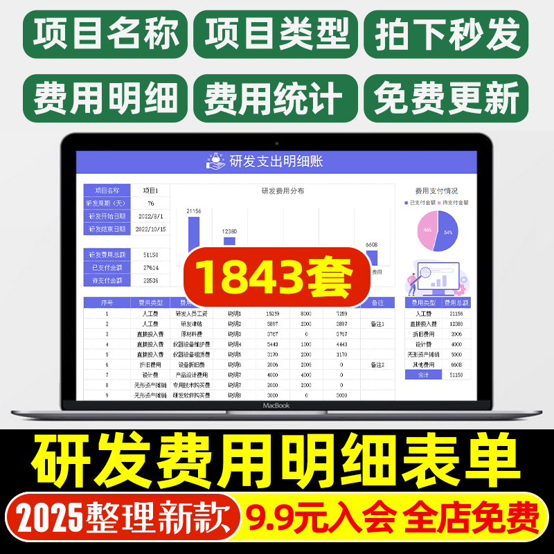 工程项目新品研发费用支出明细统计登记表单分类开支辅助台账科目