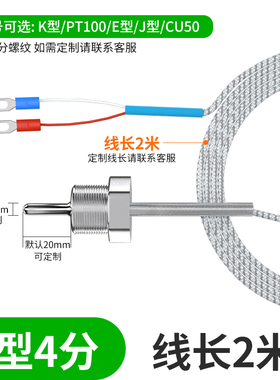 WZP291防漏水固定螺纹热电阻4分2D分PT100温度传感器K型管道热电