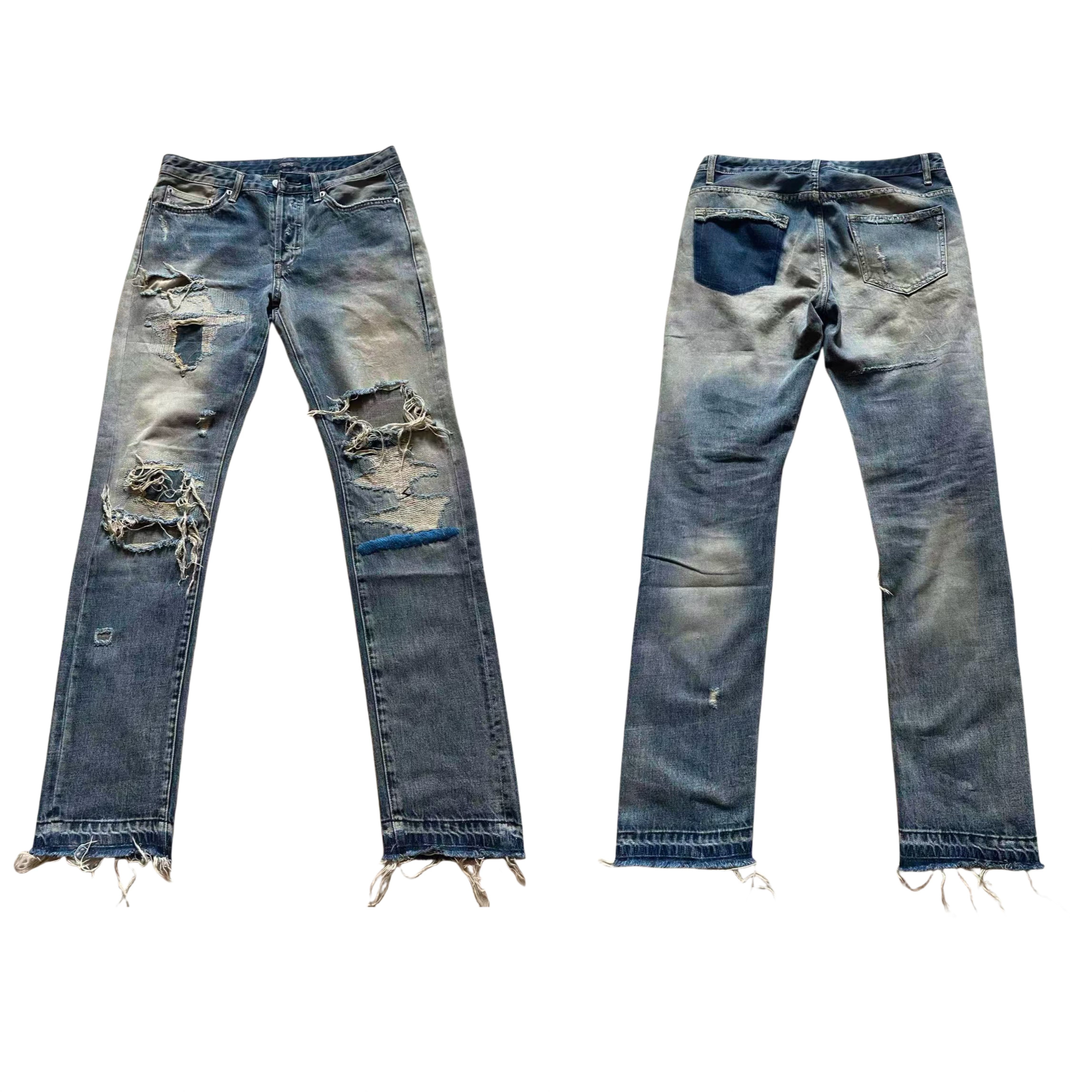 thumbnail for Torn Paradise Undercover 10SS 68 Blue Thread Embroidered Erosion Blue Jeans UC