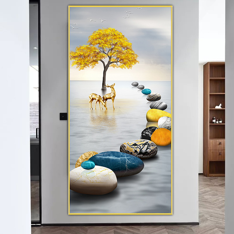 轻奢自粘画玄关墙面壁画过道背景墙贴白墙贴画竖款贴纸麋鹿装饰画图片