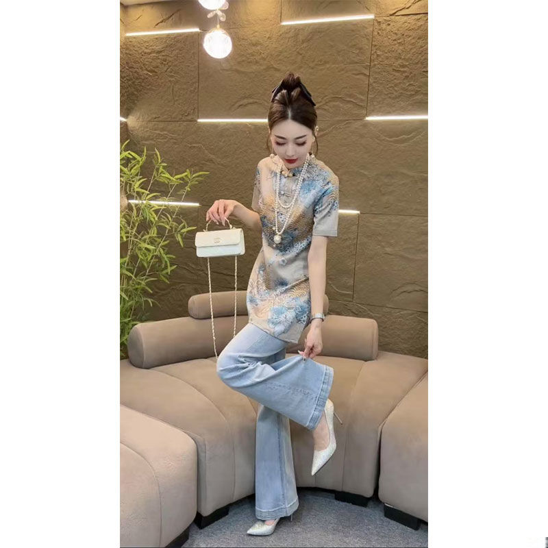 撞色印花新中式国风盘扣短袖小衫