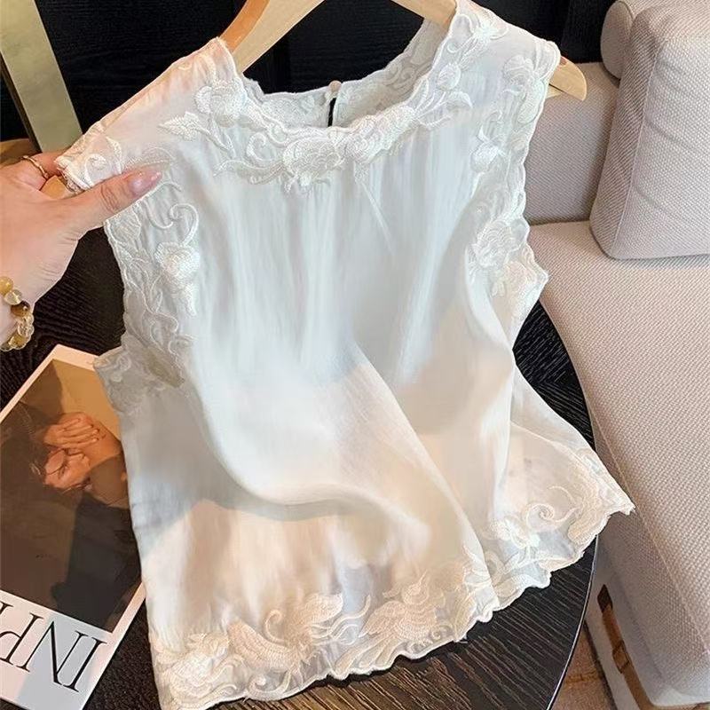 新中式女装刺绣白色无袖上衣夏季