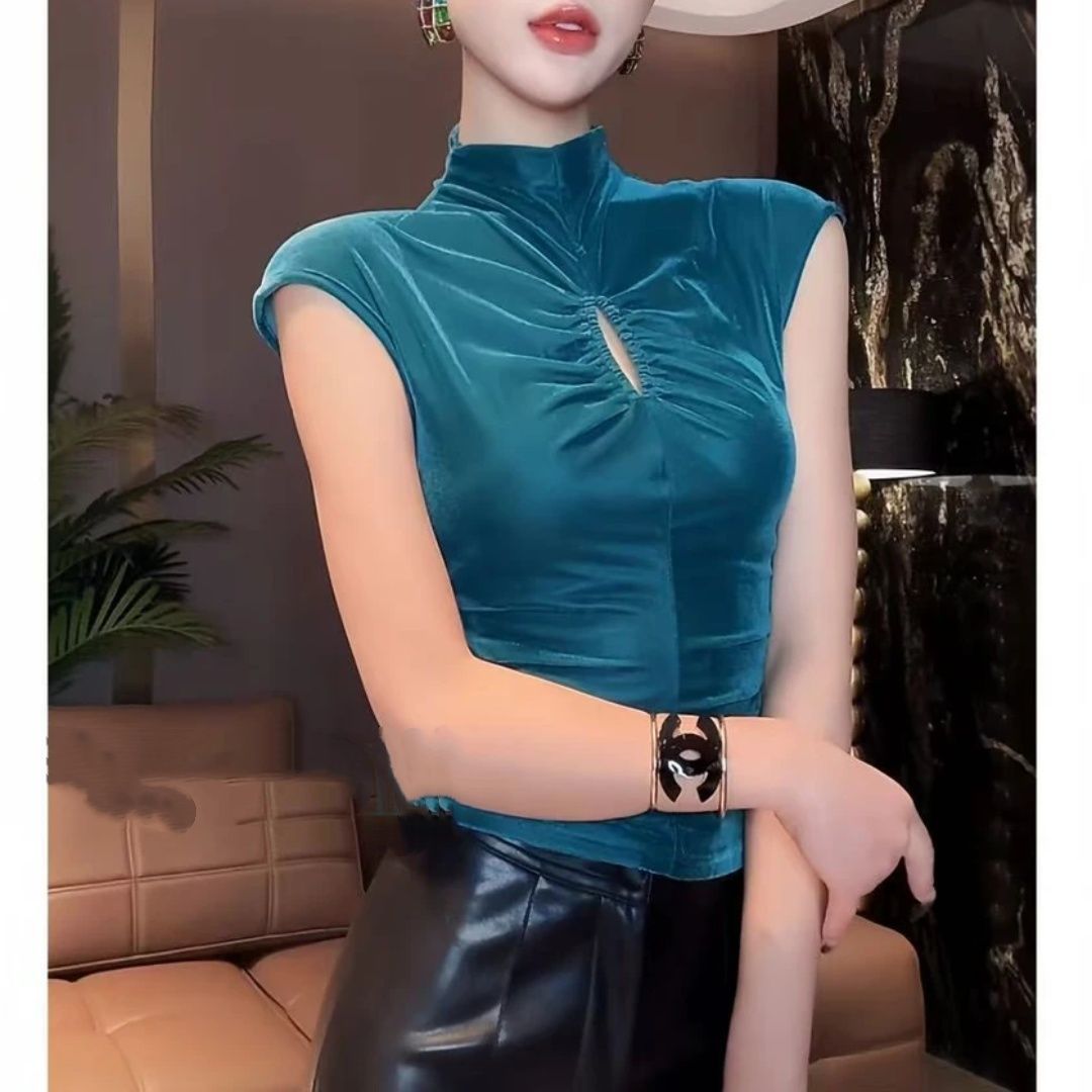 皱拼接镂空丝绒半高领短袖t恤女