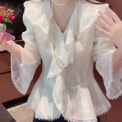 法式温柔风蕾丝拼接长袖衬衫女