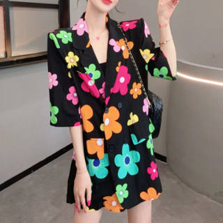 时髦洋气西装领彩色花朵五分袖外套女2025夏季新款宽松百搭上衣潮