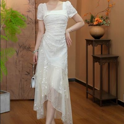 蕾丝拼接网纱亮片连衣裙女新款