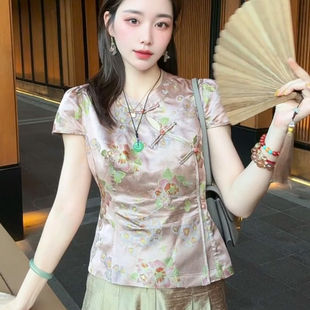 新中式 女印花盘扣开叉设计感国风上衣 立领收腰短袖 T恤2025夏新款