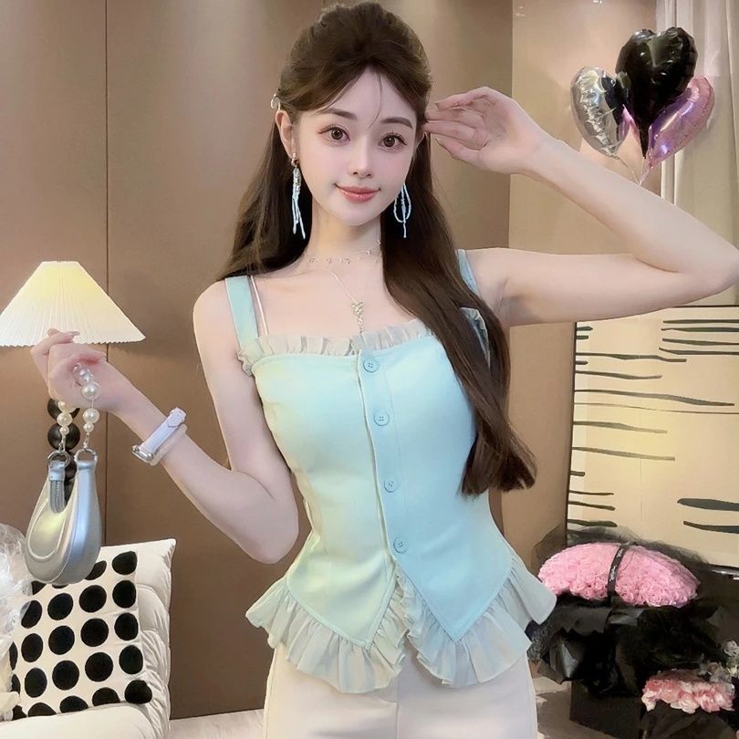 韩系辣妹百搭褶皱花边收腰显瘦吊带背心女2025夏季新款纯欲风上衣