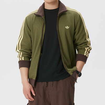 adidas originals 华夫格运动早春立领拉链条纹夹克男款KZ2914