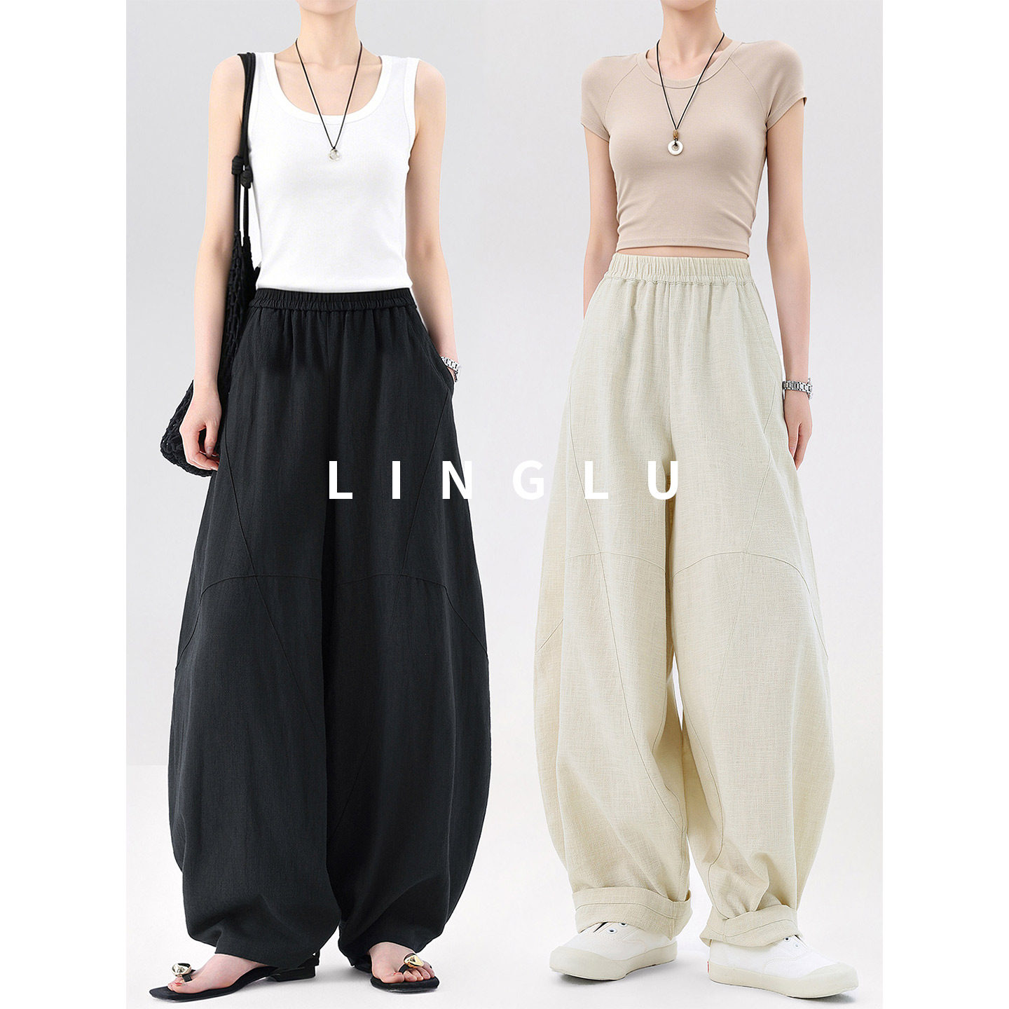 LINGLU高个子【无压体感】苎麻灯笼裤女夏透气显瘦打坐禅修太极裤