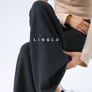 女秋冬高腰垂感宽松bf慵懒风加厚直筒裤 阔腿裤 子 黑灰色糯米裤