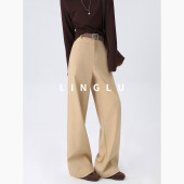 女2026春季 卡其色阔腿裤 高腰垂感窄版 西装 休闲直筒裤 裤 显瘦王