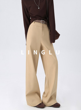 【显瘦王】卡其色阔腿裤女2026春季高腰垂感窄版西装裤休闲直筒裤
