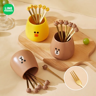 FRIENDS水果叉子套装 LINE 家用收纳罐小叉子甜品304不锈钢水果签