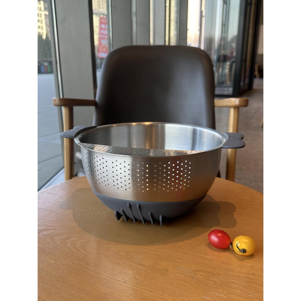 猫耳18/10硅胶底防不锈钢排水篮蔬菜盆滑动厨房水果盆水过滤米篮