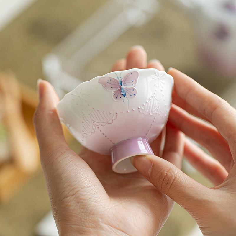 花口高足手绘珠帘蝴蝶茶杯功夫茶具家用陶瓷主人杯品茗杯单杯