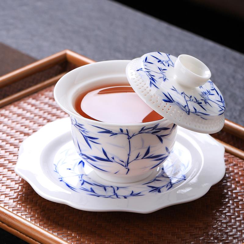 羊脂玉瓷悬停旋转三才盖碗茶杯全瓷一体过滤大壶承陶瓷茶具泡茶器