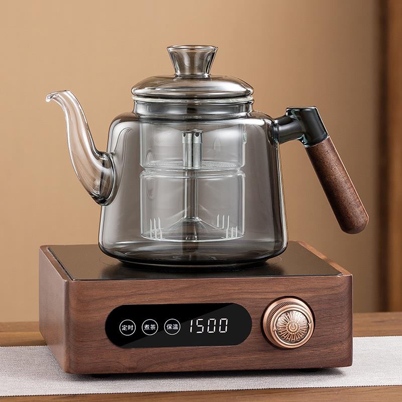 玻璃煮茶壶耐高温家用胡桃木黑晶炉新款煮茶器套装高档泡茶炉烧水