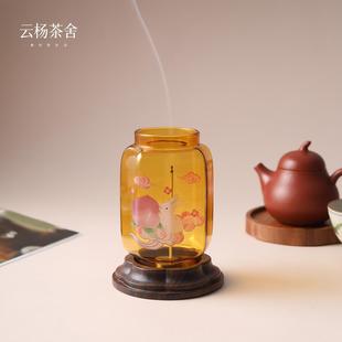 云杨茶舍黑胡桃木玉兔献瑞香插线香拖中式实木檀香炉室内烛台摆件