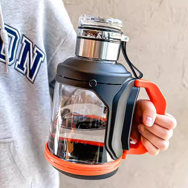 高硼硅玻璃杯带把手吨吨桶可泡茶杯茶水分离2000ml大容量水壶墩墩图片