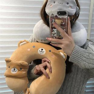 u形便携式护颈枕新款可爱卡通恐龙小熊眼罩u型枕套装记忆棉可拆洗