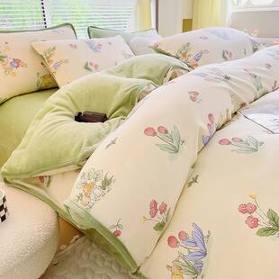 ab面纯棉加绒被套200x230cm秋冬季单独被罩单面绒保暖被单四件套