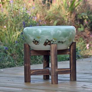 古法陶瓷鱼缸实木底座酒坛缸石磨支撑架双层十字四脚支架花盆客厅