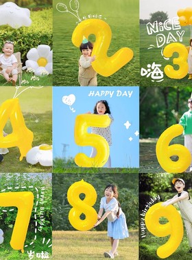 ins马卡龙黄色数字气球生日装饰场景布置男女孩户外草地拍照道具
