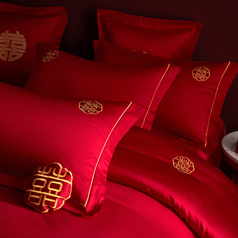 XINHE WEDDING WEDDING FOUR-PIECE SET COTTON 100S BIG RED QUILT SET WEDDING QUILT COTTON BED SHEET BEDDING