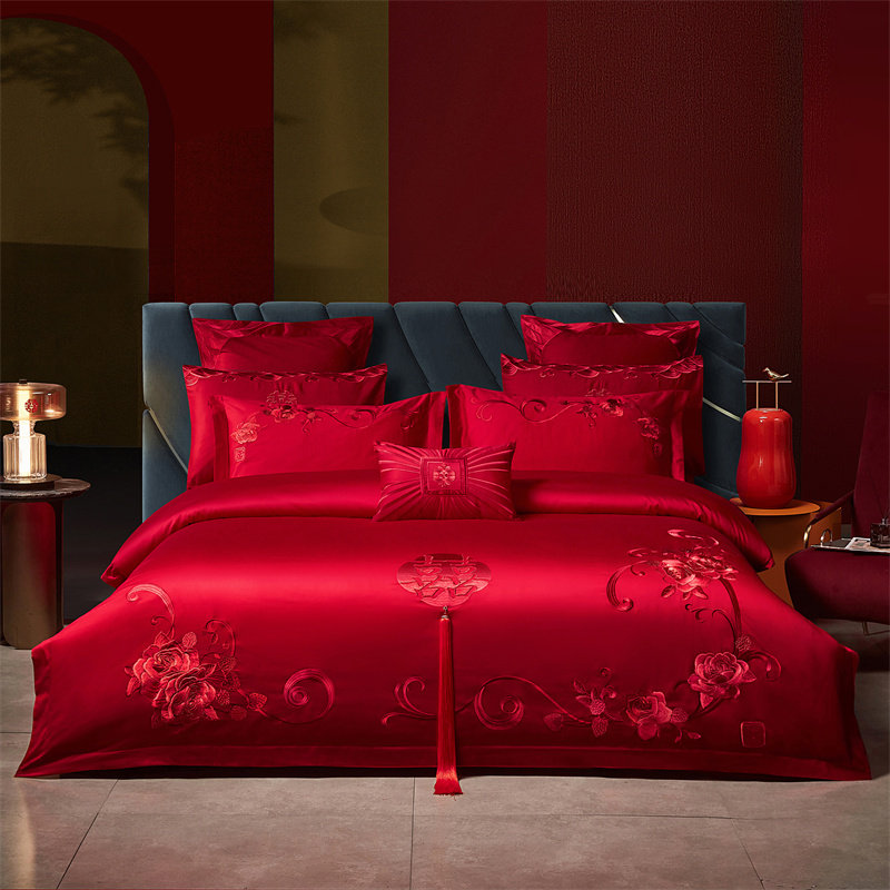 新中式婚庆四件套60S长绒棉大红色龙凤被套结婚纯棉婚嫁床上用品4