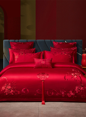 新中式婚庆四件套60S长绒棉大红色龙凤被套结婚纯棉婚嫁床上用品4