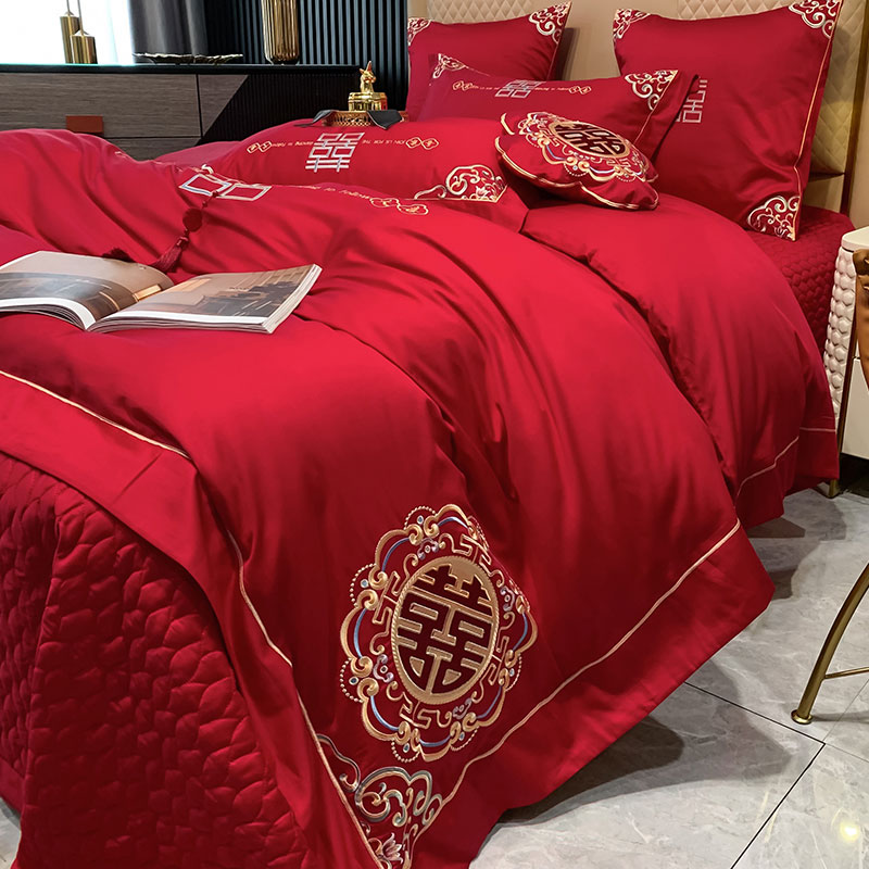 新中式婚庆长绒棉大红色双喜刺绣结婚被套床盖四件套纯棉床品婚嫁