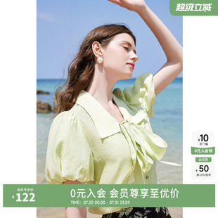 女装 秋水伊人奥莱飘带领复古泡泡袖 新款 衬衫 气质甜美上衣 夏季